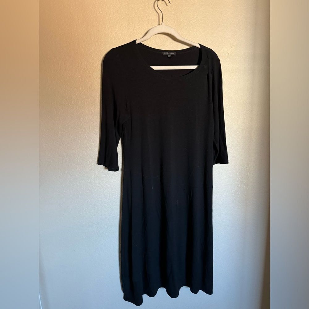 Eileen Fisher Flowy Maxi Dress Sz Medium Petite Black Asymmetric Hem 3/4 Sleeve